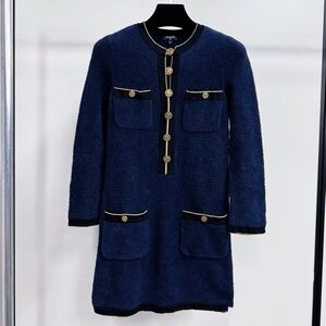 Authentic CHANEL Navy Cardigan with Gold Details